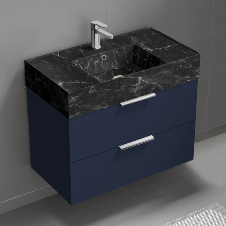 Nameeks DERIN887 Blue Bathroom Vanity With Black Marble Design Sink, Floating, 32 Inch